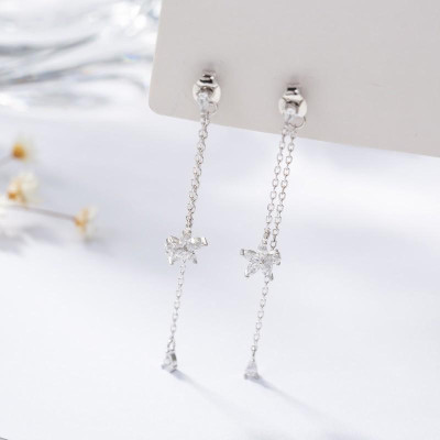 Khuyên tai bạc 925 hoa 5 cánh thả xích duyên dáng thanh lịch tiểu thư Dế Bạc - K5675