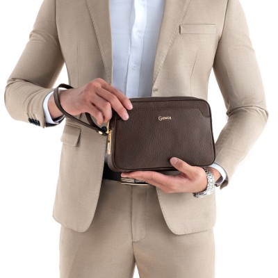 Ví Nam Cầm Tay Clutch Da Hàng Hiệu GENCE RB05 Da Bò Khóa Vân Tay Cao Cấp Màu Nâu