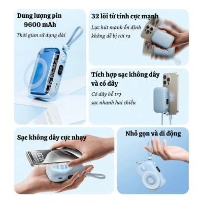 Pin sạc dự phòng không dây từ tính nam châm sạc nhanh 22.5W, dung lượng 10.000 mAh hiệu WIWU W-P049 Tích hợp dây sạc Type C, đạt tiêu chuẩn sạc quốc tế - Hàng nhập khẩu