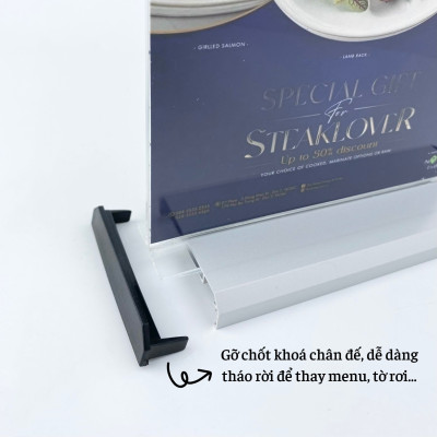 Kệ menu nhà hàng, Standee mica để bàn, Bảng quét mã QR Code, Kệ mica 2 mặt Enter E32 100x210mm đế nhôm 1/3 A4