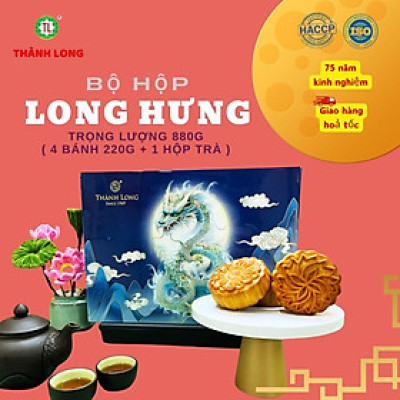 Hộp bánh trung thu cao cấp tráng gương 4 bánh 2 trứng 220g - Long Hưng - Thành Long 880g - Tặng 1 hộp trà - Việt Nam