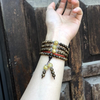 Vòng Tay Trầm Hương phối Đá Tóc Vàng cùng charm bạc thái - bình an, may mắn, tài lộc