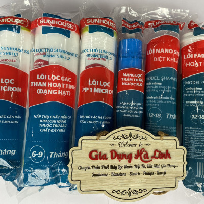 Bộ lõi lọc nước Sunhouse từ 1 đến 6, Gồm có: Lõi lọc thô 123, Lõi lọc số 4 RO Sản xuất tại Việt nam, 2 lõi lọc chức năng