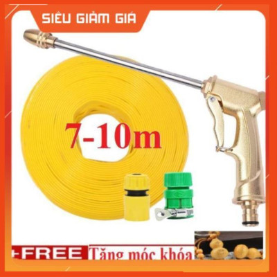 Bộ dây vòi xịt nước rửa xe, tưới cây . tăng áp 3 lần, loại 7m, 10m 206701-3 đầu đồng,cút,nối vàng +tặng móc khoá