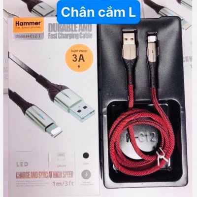 Dây sạc nhanh 3A Hiệu Ham mer ( H-C12-I ), Chân L  Có đèn báo, Hàng chính hãng bảo hành 12 tháng