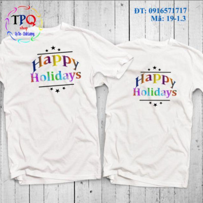 Đồ đi biển dành cho gia đình quần sọc xanh áo in họa tiết Happy Holiday xinh xắn chất thun đẹp (giá 1 bộ gồm 1quần +1áo)