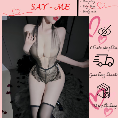 Bodysuit Lưới Xuyên Thấu Cổ Yếm Phối Ren Hoa – Siêu Gợi Cảm, Cắt Xẻ Tôn Dáng, Sexy