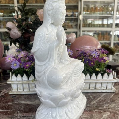 Tượng Phật Bà Quan Thế Âm Bồ Tát ngồi đài sen đá cẩm thạch trắng - Cao 40 cm