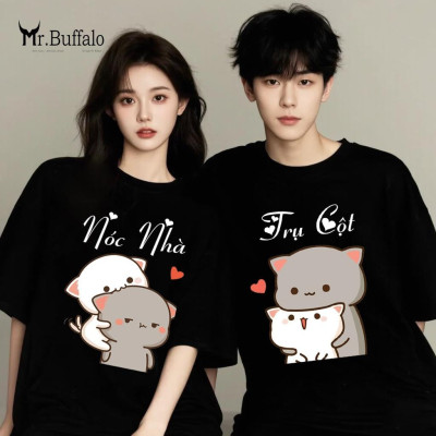 Áo đôi, cặp tay lỡ unisex Mèo mochi nóc nhà, cột nhà dễ thương Mr.Buffalo
