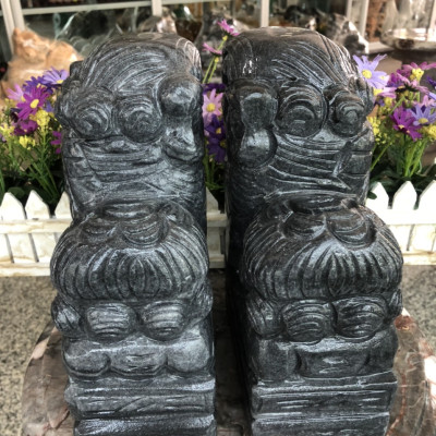 Cặp Kỳ Lân phong thủy quay đầu đá cẩm thạch vân đen - Cao 25 cm