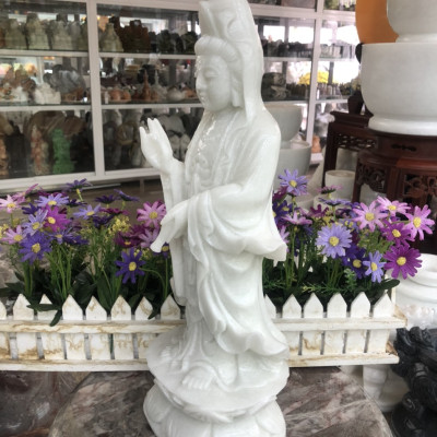 Tượng Phật Bà Quan Thế Âm Bồ Tát đứng đài sen đá cẩm thạch trắng - Cao 40 cm