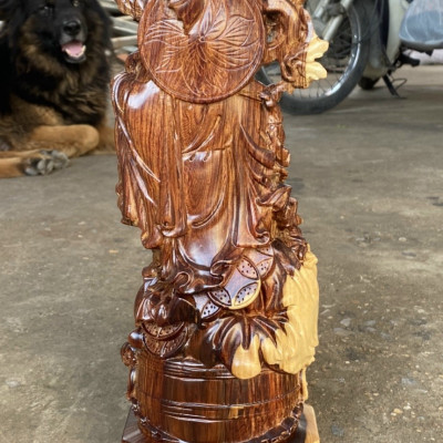 Tượng phật di lặc ngũ phúc được làm bằng chất liệu gỗ cẩm liền khối đẹp long lanh kt cao 40×15×10cm