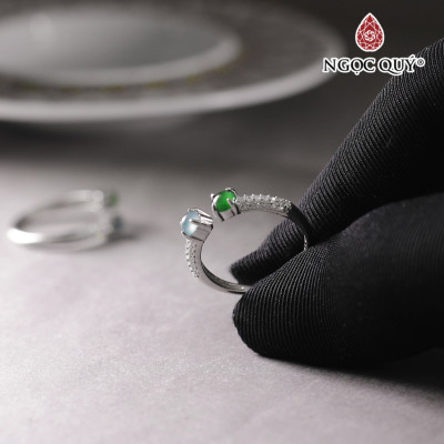 Nhẫn bạc phỉ thủy lục đế vương & lam băng type A hạt 4mm mệnh hỏa, mộc - Ngọc Quý Gemstones