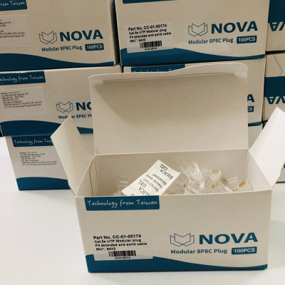 Đầu bấm mạng RJ45 cat6 1 mảnh Nova CC-01-00176, chân cắm mạ vàng cao cấp, hàng chính hãng (hộp 100 hạt)
