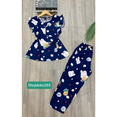  Đồ bộ nữ,đồ ngủ mặc nhà lửng 9 tấc áo 2 lớp tay cánh tiên vải lanh BL 42 họa tiết dễ thương size 51-65kg.