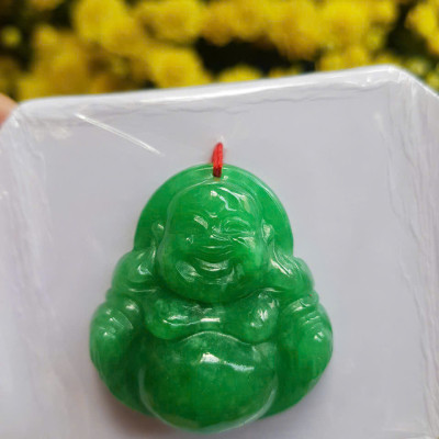 Mặt dây chuyền Nữ Phật Di Lặc bụng tròn Đá Cẩm Thạch Xanh Đậm tự nhiên đẹp Size C36mm x N34mm x S13mm Anh Chị bọc Vàng đeo đẹp ạ