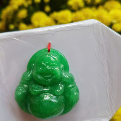 Mặt dây chuyền Nữ Phật Di Lặc bụng tròn Đá Cẩm Thạch Xanh Đậm tự nhiên đẹp Size C36mm x N34mm x S13mm Anh Chị bọc Vàng đeo đẹp ạ