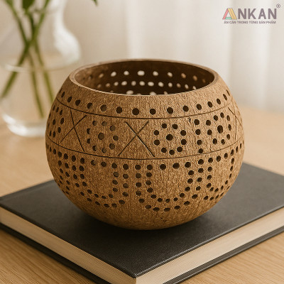 Đèn Gáo Dừa Đựng Nến Tealight Hoa Cúc Handmade Decor Tự Nhiên Trang Trí Spa Cafe ANKAN