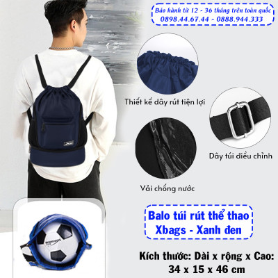 Balo dây rút thể thao xanh đen Xbags Wisdom Xb 6005, Chất liệu chống thấm nước hiệu quả, Chống tia UV