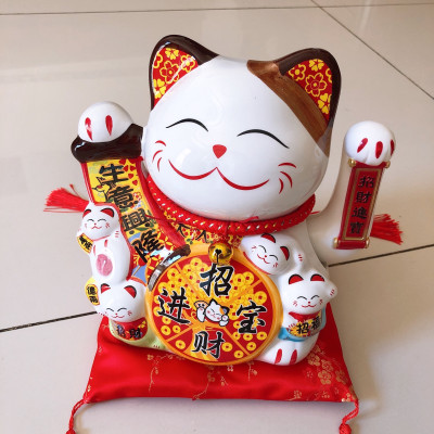 Tượng Mèo Thần Tài Ngũ phúc lâm môn vẫy tay chiêu tài lộc 20cm bằng gốm sứ - mẫu giao ngẫu nhiên
