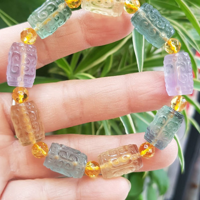 Vòng Tay nữ charm cao cấp Đá Fluorit tự nhiên đa sắc màu kiểu hạt 10mm phối tròn đẹp sang các Chị đeo xinh tay may mắn tài lộc cả năm ạ