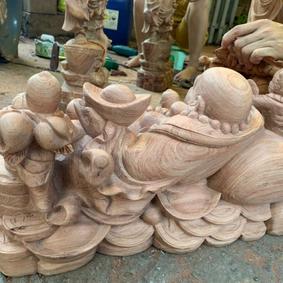 Tượng phật di lặc ngũ phúc bằng gỗ hương đá liền khối kt 60×30×30cm