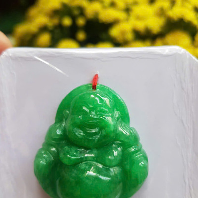 Mặt dây chuyền Nữ Phật Di Lặc bụng tròn Đá Cẩm Thạch Xanh Đậm tự nhiên đẹp Size C36mm x N34mm x S13mm Anh Chị bọc Vàng đeo đẹp ạ