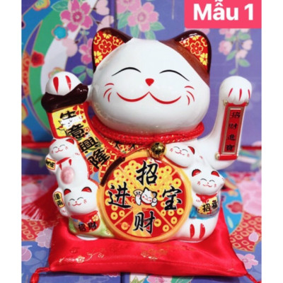 Tượng Mèo Thần Tài Ngũ phúc lâm môn vẫy tay chiêu tài lộc 20cm bằng gốm sứ - mẫu giao ngẫu nhiên