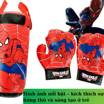 Túi Đấm Bốc Boxing Cho Trẻ Em Hình Người Nhện Đỏ Size Trung 37*18*18 cm, Kèm 2 Găng Tay Cho Bé, Bộ dụng cụ tập Boxing kèm 2 găng tay cho bé- Bộ đấm bốc trẻ em kèm găng tay