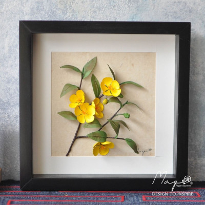 Tranh Hoa Giấy Handmade Trang Trí - Hoa Mai Kết Hợp Giấy Dó MAYPAPERFLOWER Khung Tranh Gỗ Size 25x25cm