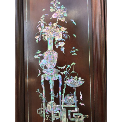 Tranh tứ bình ,hay gọi tranh đông bích gỗ gụ  khảm ốc đỏ singgaprore kt 31×117×4cm