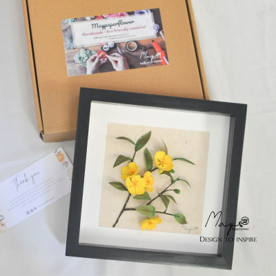 Tranh Hoa Giấy Handmade Trang Trí - Hoa Mai Kết Hợp Giấy Dó MAYPAPERFLOWER Khung Tranh Gỗ Size 25x25cm