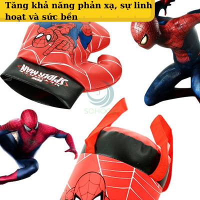 Túi Đấm Bốc Boxing Cho Trẻ Em Hình Người Nhện Đỏ Size Trung 37*18*18 cm, Kèm 2 Găng Tay Cho Bé, Bộ dụng cụ tập Boxing kèm 2 găng tay cho bé- Bộ đấm bốc trẻ em kèm găng tay