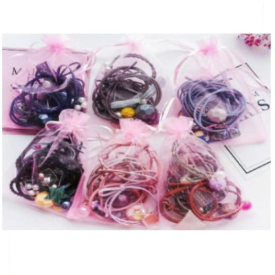 Sét 9 dây buộc tóc và kẹp xinh xắn, có kèm túi lưới phong cách Hàn Quốc, giao màu ngẫu nhiên