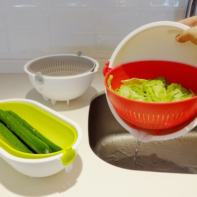 Rổ nhựa đa năng 2 lớp Kokubo, có thể quay 360 độ giúp rau củ ráo nước một cách nhanh chóng mà không bị dập nát hay rơi vãi ra ngoài - nội địa Nhật Bản 