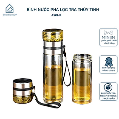 Bình Pha Trà Thuỷ Tinh 2 Lớp Cách Nhiệt Có Lõi Lọc Inox Chịu Nhiệt Cao Dung Tích 450ml Cầm Tay Tiện Lợi - HÀNG CHÍNH HÃNG MININ