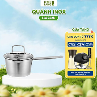 Quánh inox 304 vung kính đáy 3 lớp Lebenlang LBL2528, size 18 có khe chắt nước, dùng cho mọi loại bếp - hàng chính hãng