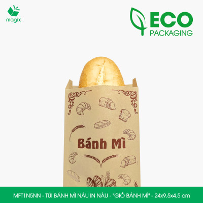 MFT1N5NN - 24x9.5x4.5 cm - 200 Túi bánh mì Nâu, in sẵn họa tiết GIỎ BÁNH MÌ - Bao bánh mì Túi giấy thực phẩm an toàn