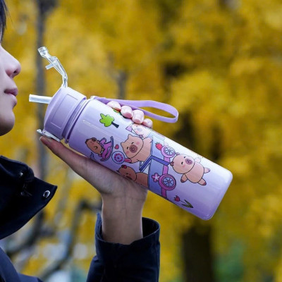 Bình nước trẻ em Capybara 700ml Linh Chi Bedding dễ thương chống rò rỉ có ống hút tiện lợi