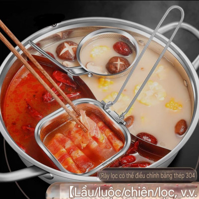  RÂY LỌC CHAO VỚT VỢT CHUYÊN DỤNG LẨU INOX SUS 304 - THÉP KHÔNG GỈ, TAY CẦM CÓ THỂ GẬP LẠI, 4 VỊ TRÍ KHÁC NHAU - CÓ CẠNH TREO XOONG NỒI TIỆN DỤNG 