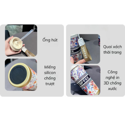 Ly Giữ Nhiệt Họa Tiết Cổ Điển CHAGEE Phong Cách Sang Trọng - 500ml Inox 316, Nắp Chống Tràn, Dây Đeo Tiện Lợi, Ống Hút - HÀNG CHÍNH HÃNG MINIIN