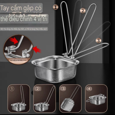 CHAO VỚT VỢT RÂY LỌC LỖ THOÁT MỊN CÔNG NGHỆ CNC CHUYÊN DỤNG LẨU - INOX 304 - CHAO LỌC TAY CẦM GẬP LẠI, ĐƯỢC 4 VỊ TRÍ / CẠNH TREO TIỆN LỢI