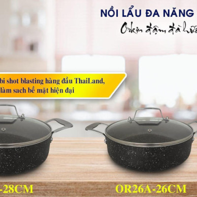 Nồi lẩu chống dính vân đá Orkin Thái Lan size 26cm/28cm, vung kính đáy từ - Hàng chính hãng