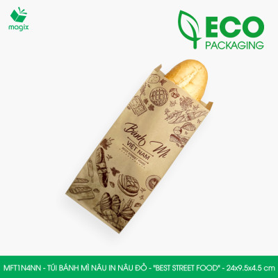 MFT1N4NN - 24x9.5x4.5 cm - 200 Túi bánh mì Nâu, in sẵn họa tiết BEST STREET FOOD - Bao bánh mì Túi giấy thực phẩm an toàn
