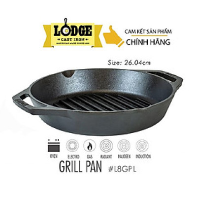 [Chính hãng LOGDE - MỸ] Chảo gang nướng Lodge hai tay cầm có rãnh, tròn 26cm-L8GPL. Chảo dùng nướng, chiên, xào, áp chảo