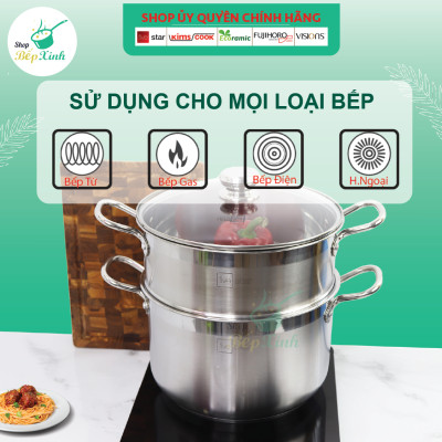 Bộ nồi xửng hấp inox 430 bếp từ 3 đáy Fivestar 30cm  nắp kính - tặng 1 muỗng canh