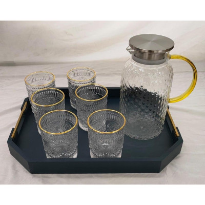 COMBO BỘ BÌNH SẦN CỐC THỦY TINH VÂN TRÒN NỔI CHỊU NHIỆT CAO CẤP KÈM KHAY XANH