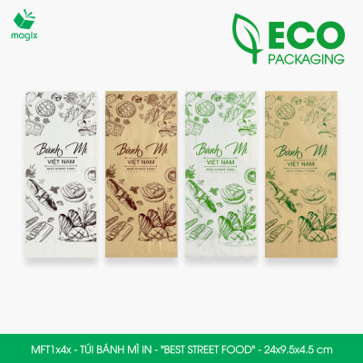 Combo 100 Túi bánh mì 24x9.5x4.5 cm - In sẵn họa tiết BEST STREET FOOD - Bao bánh mì Túi giấy thực phẩm an toàn