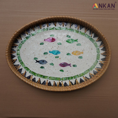 Khay Mây Khảm Trai Hình Bầu Dục Đựng Bánh Kẹo, Trái Cây, Khay Trang Trí Decor Nhà Cửa, Sản Phẩm Thủ Công Từ Mây Tự Nhiên