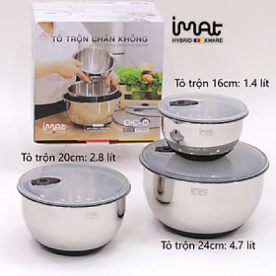 [Chính hãng iMat] Bộ 3 tô trộn chân không iMat đường kính 16cm, 20cm, 24cm. Sản phẩm làm bằng thép không gỉ inox 304, đế bọc Silicone chống trượt, nắp van một chiều hút chân không.